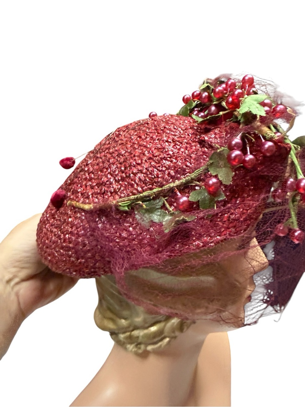 Vintage Eraine Wendling Berry Cocktail Hat with Veil and Bead Trim - Picture 4 of 8